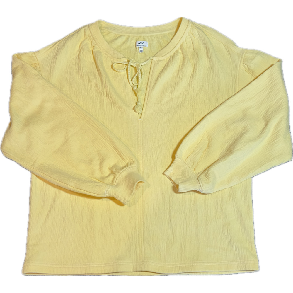 ✿ Aerie XS Sunlit Yellow Terry Cloth Pullover Top Braided Tie Neck Cozy Lounge